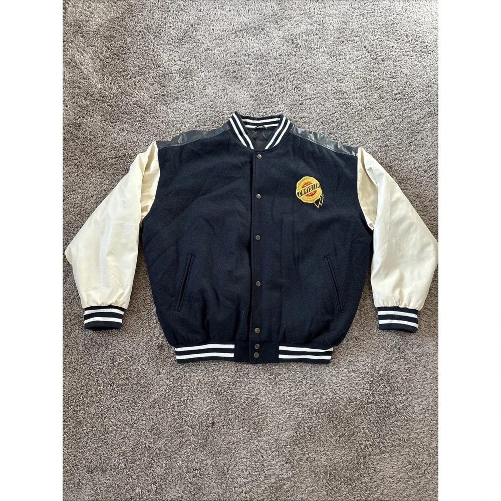 Y2K Chrysler Varsity Jacket XL Wool‎ Faux Leather Logo Back Snap Button Bomber